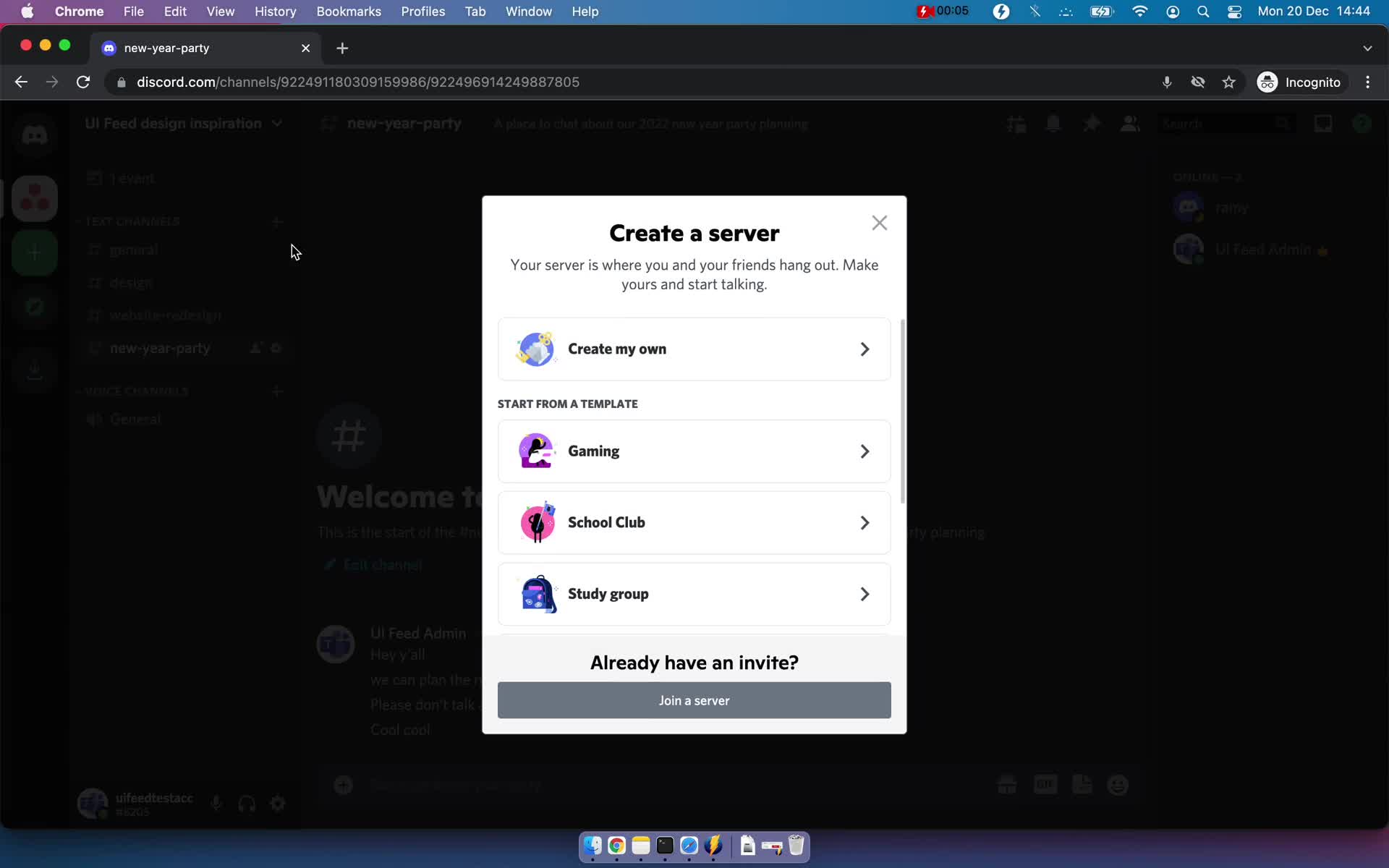 Screenshot of Create server on Creating a group on Discord user flow