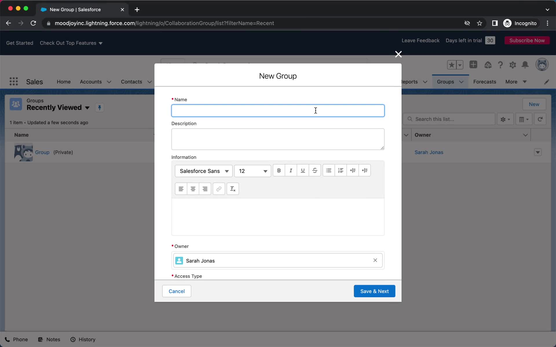 Screenshot of Create group on Creating a group on Salesforce user flow