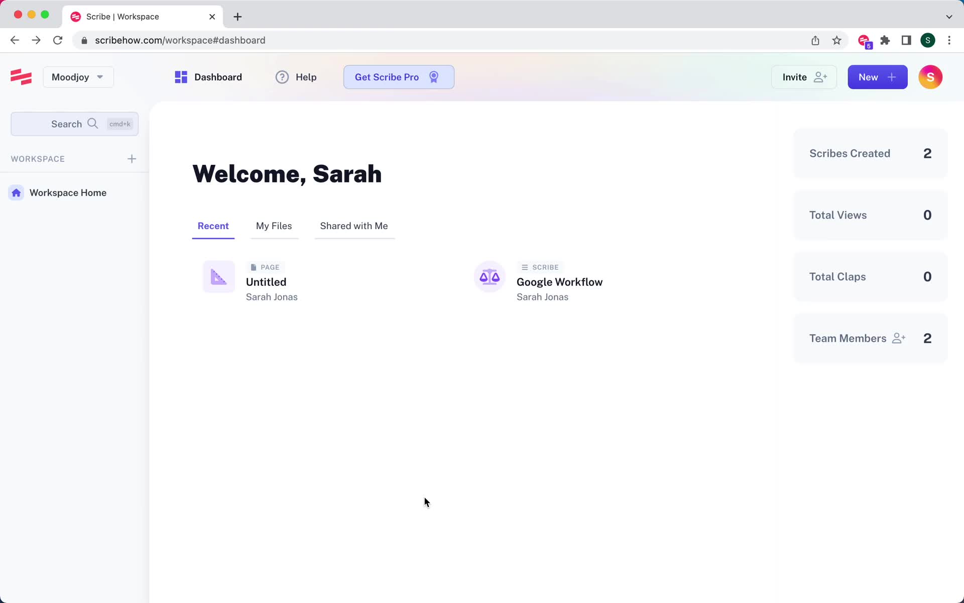 Screenshot of Home on Creating guides on Scribe user flow