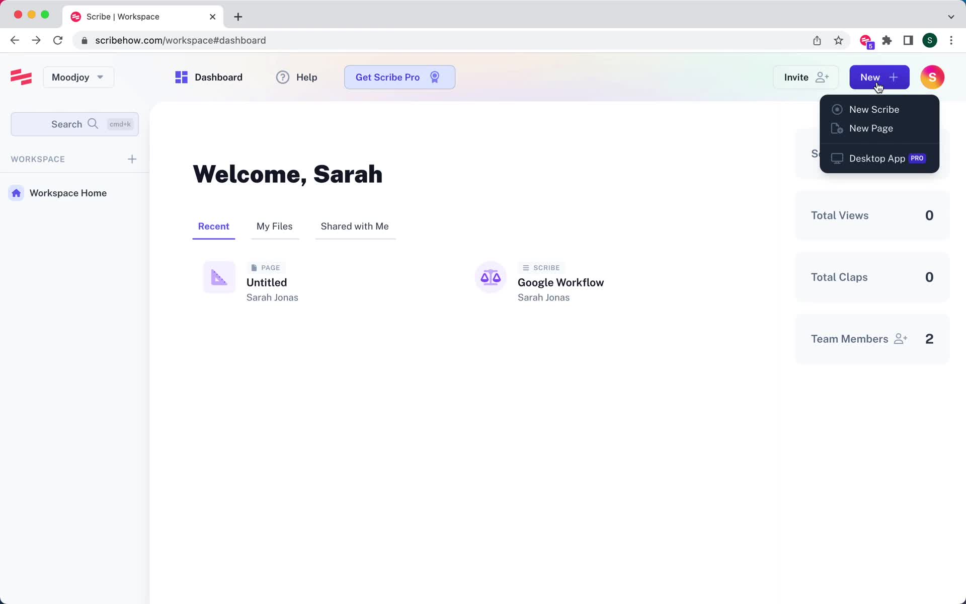 Screenshot of Create menu on Creating guides on Scribe user flow