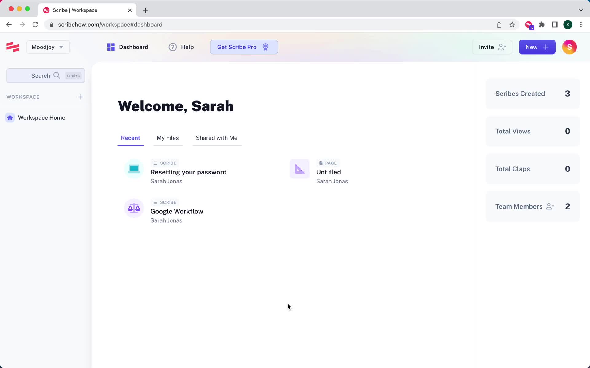Screenshot of Home on Creating a page on Scribe user flow
