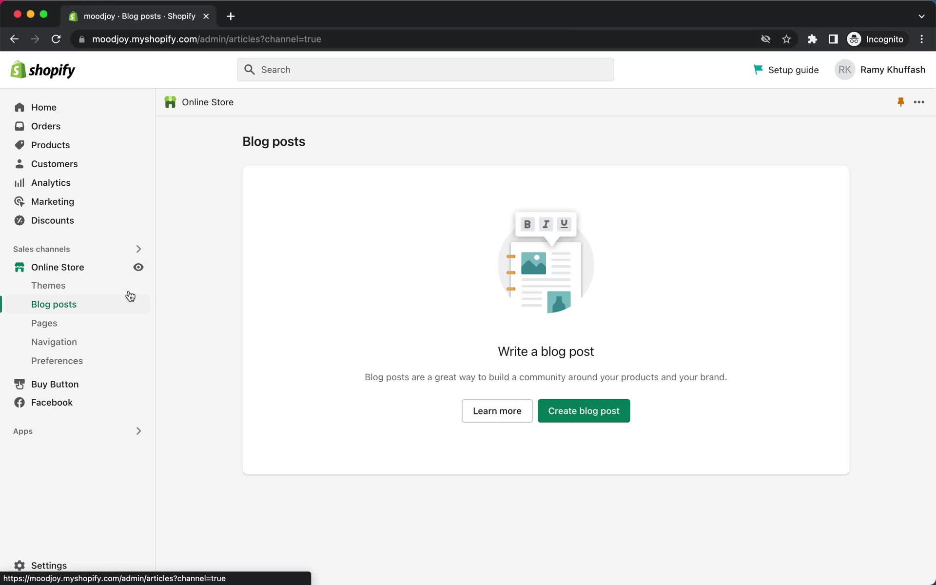 Screenshot of Blog posts on Creating a post on Shopify user flow