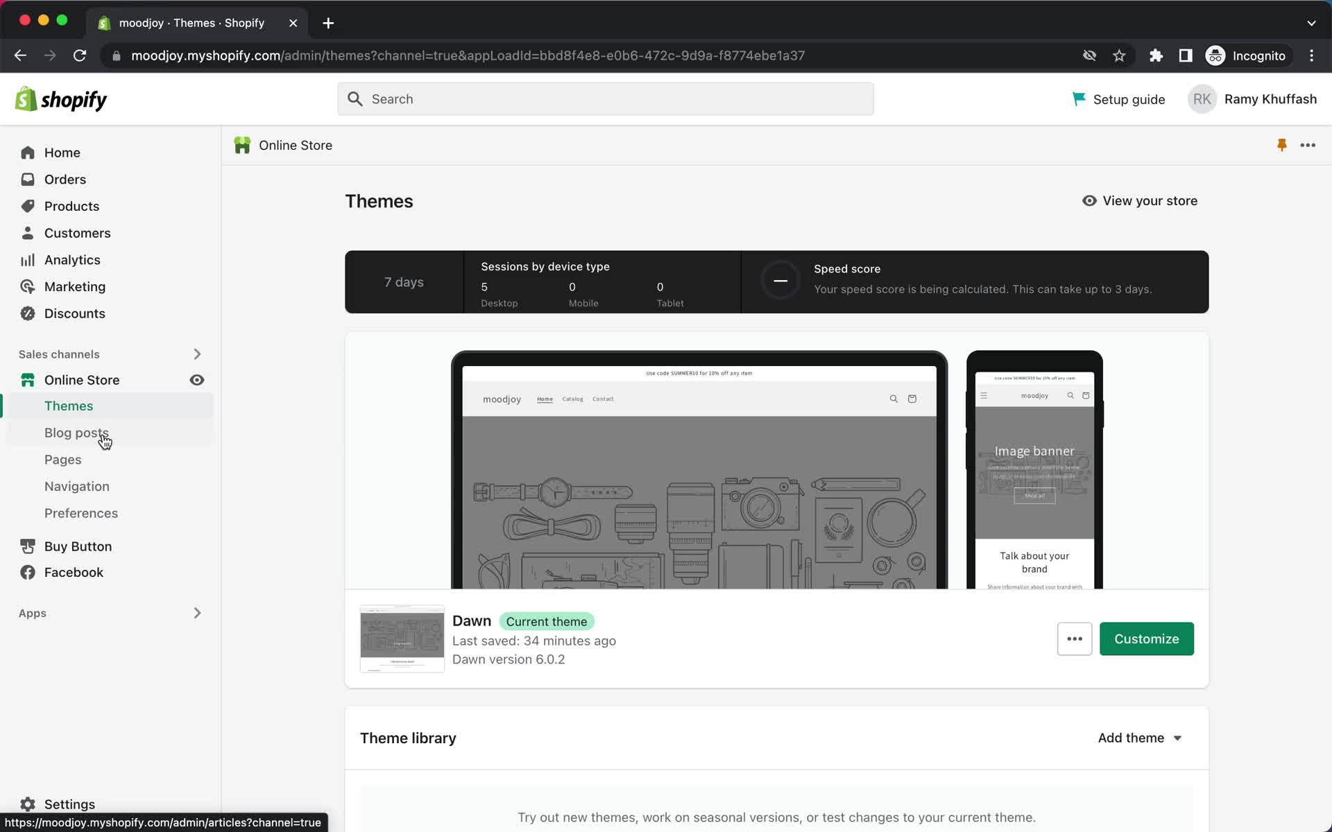 Screenshot of Online store on Creating a post on Shopify user flow