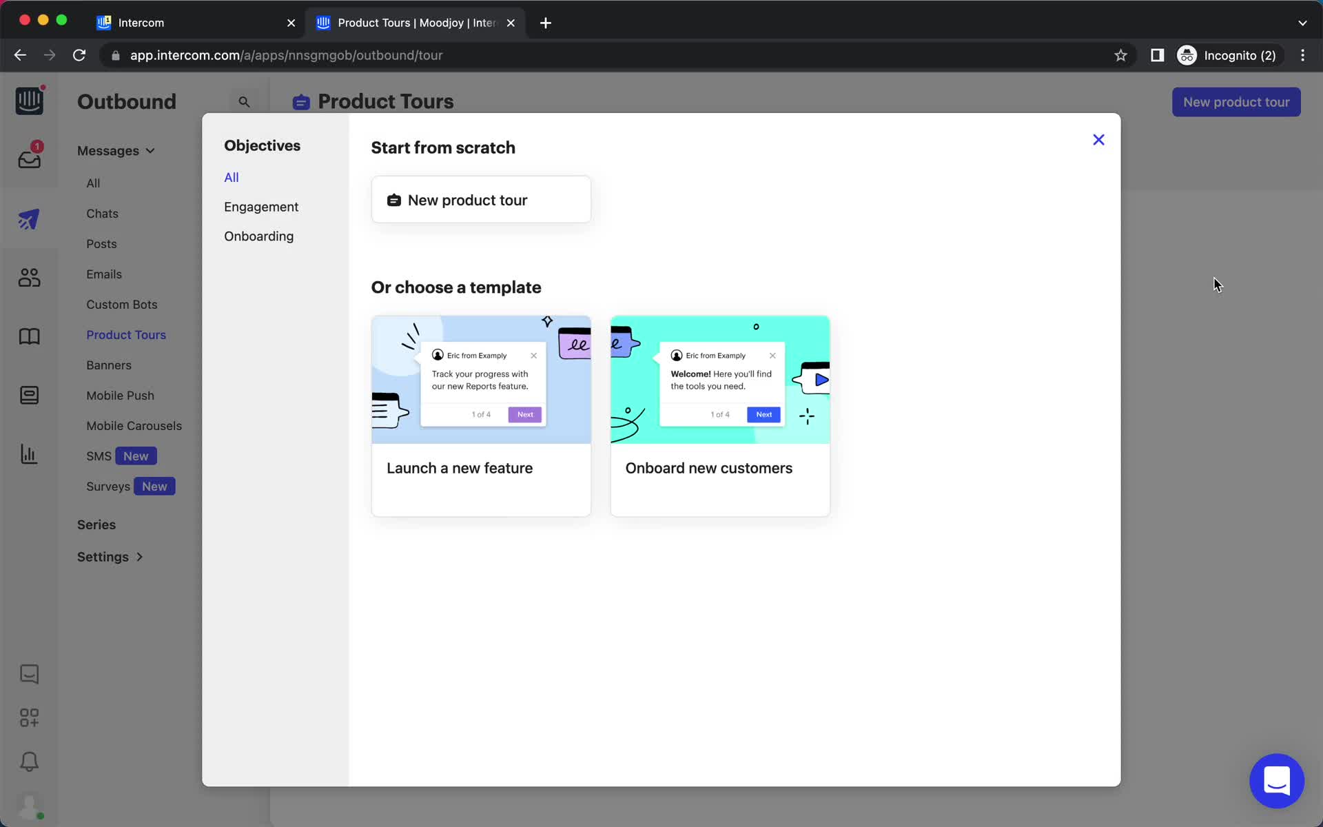 Creating a product tour screenshot