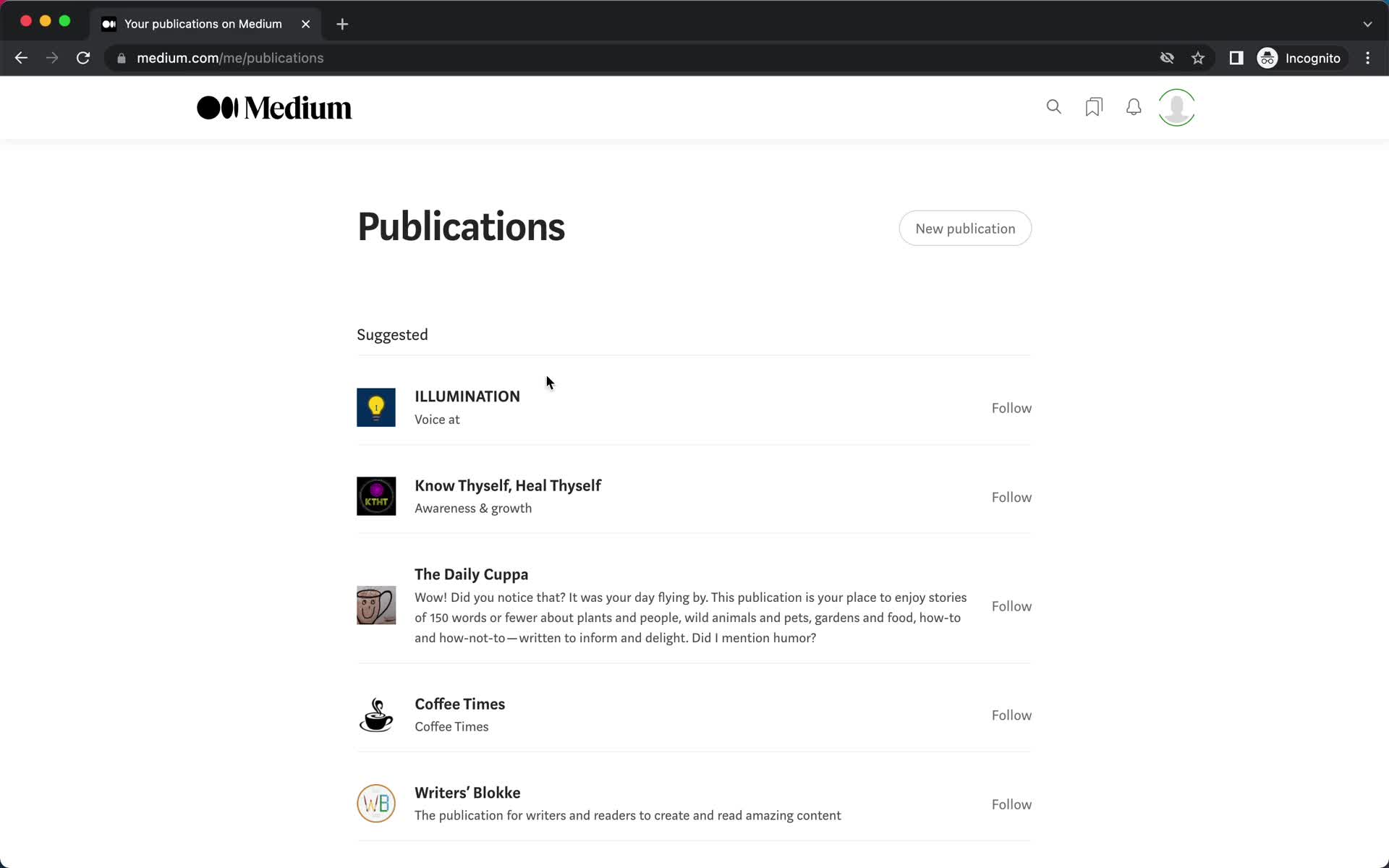 Screenshot of Publications on Creating a publication on Medium user flow