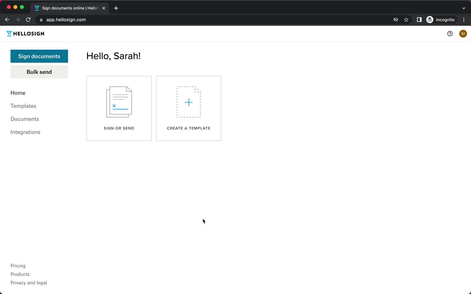 Screenshot of Home on Creating a template on HelloSign user flow