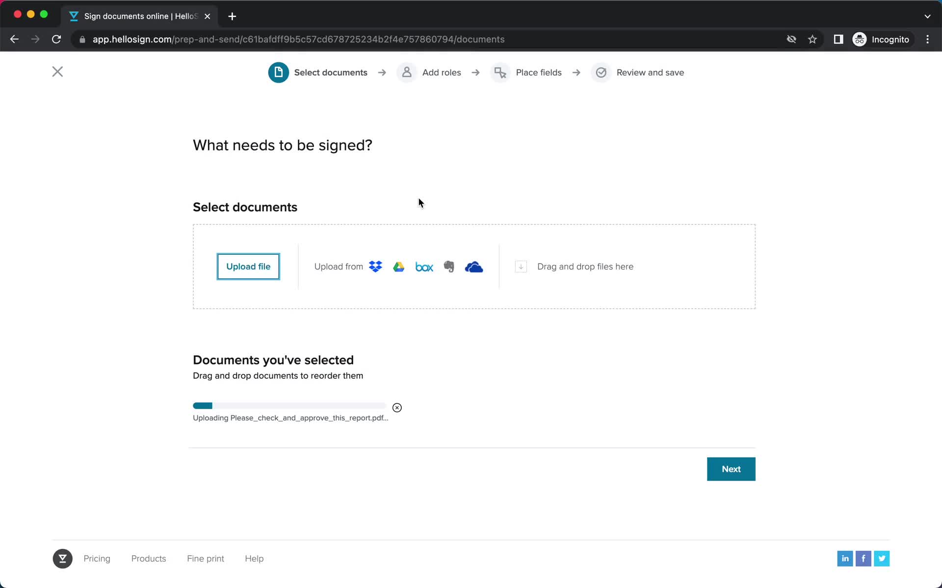 Screenshot of Uploading on Creating a template on HelloSign user flow