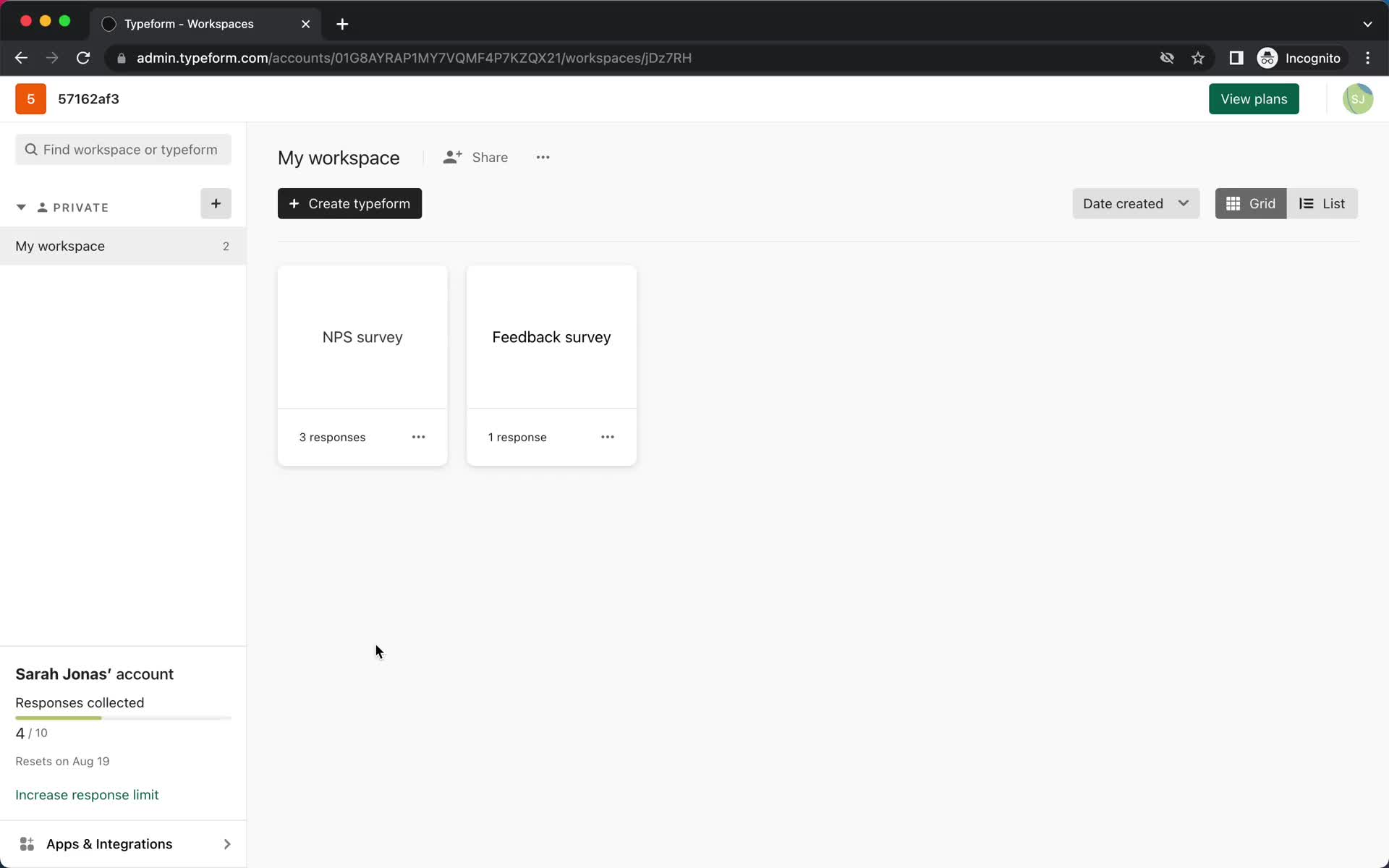 Screenshot of Workspace on Creating a workspace on Typeform user flow