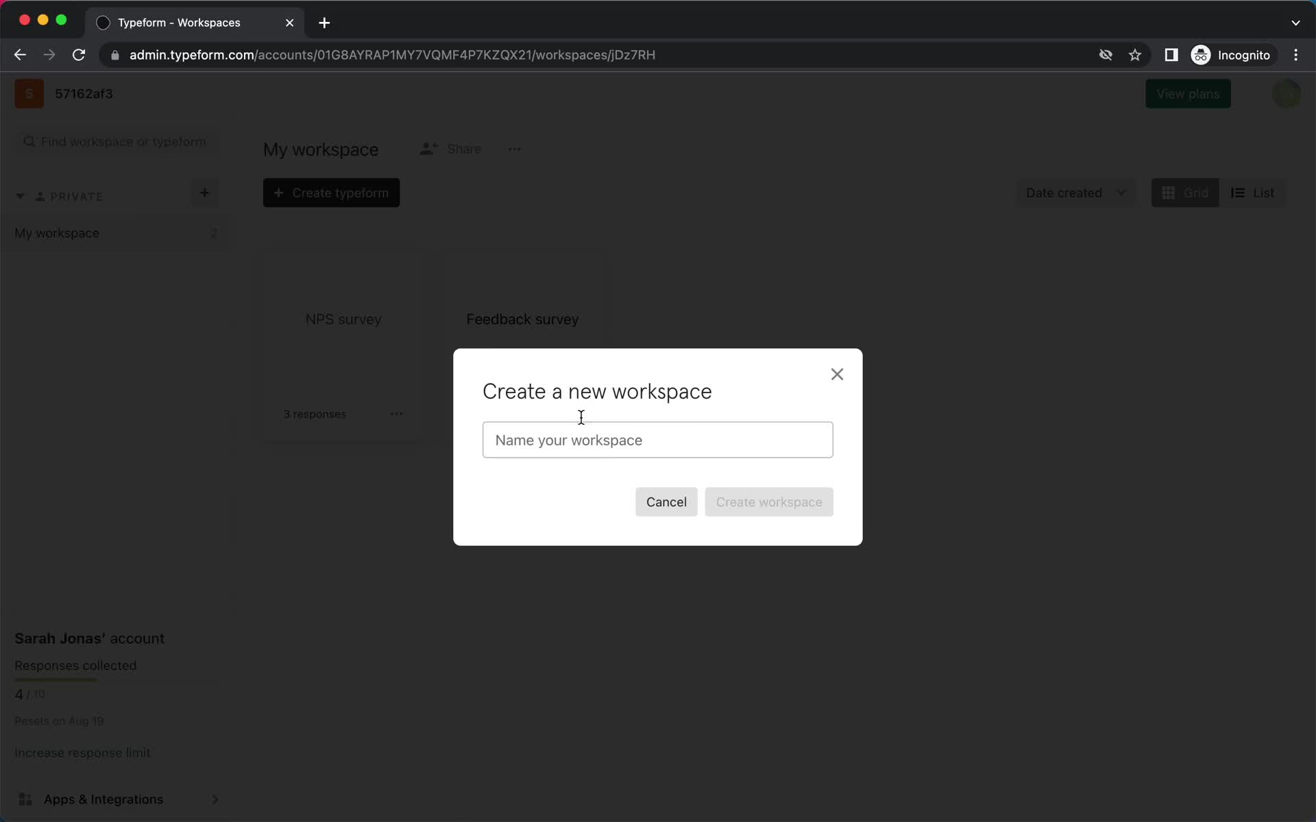 Screenshot of Create workspace on Creating a workspace on Typeform user flow