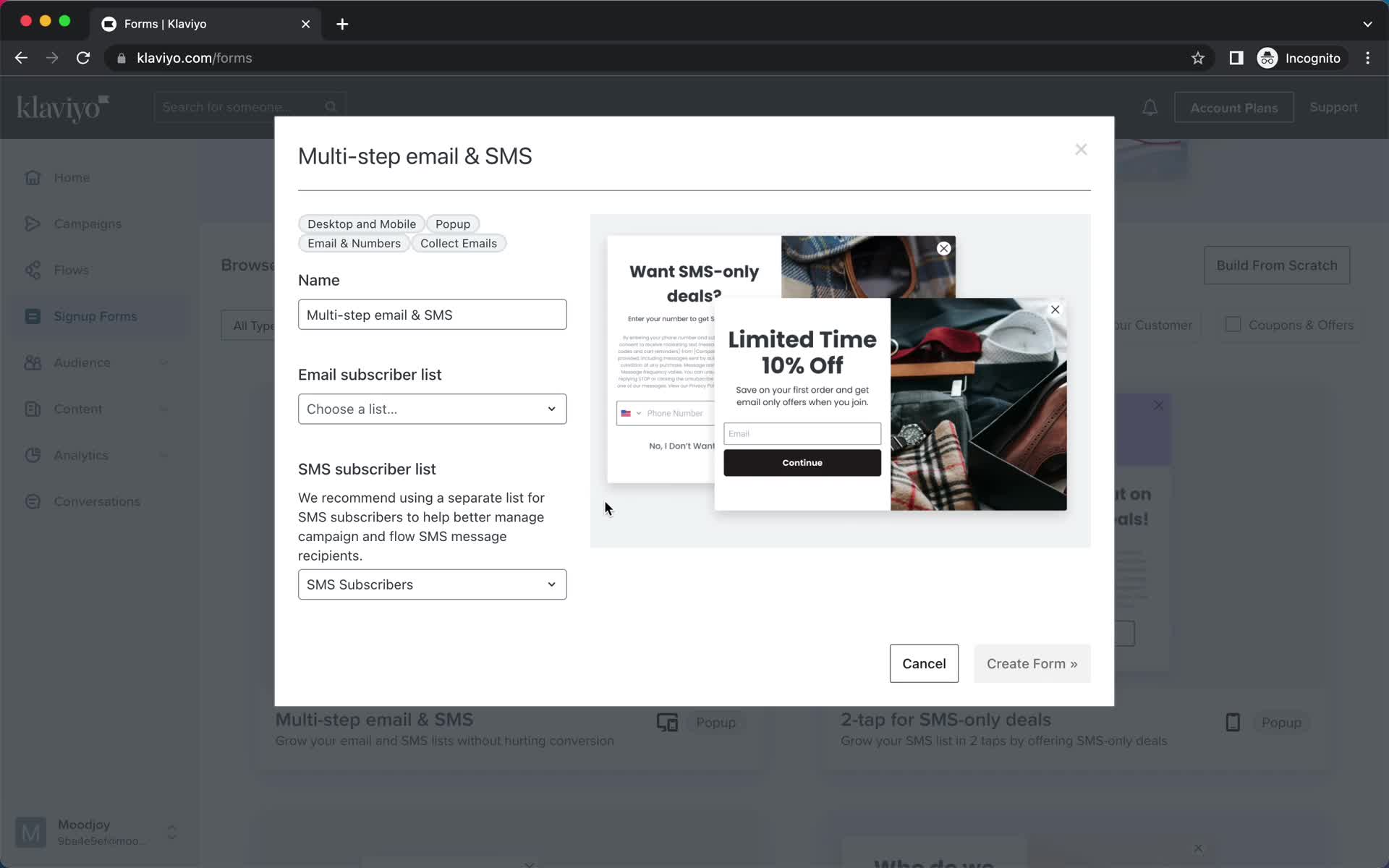 Screenshot of Template preview on Creating a form on Klaviyo user flow