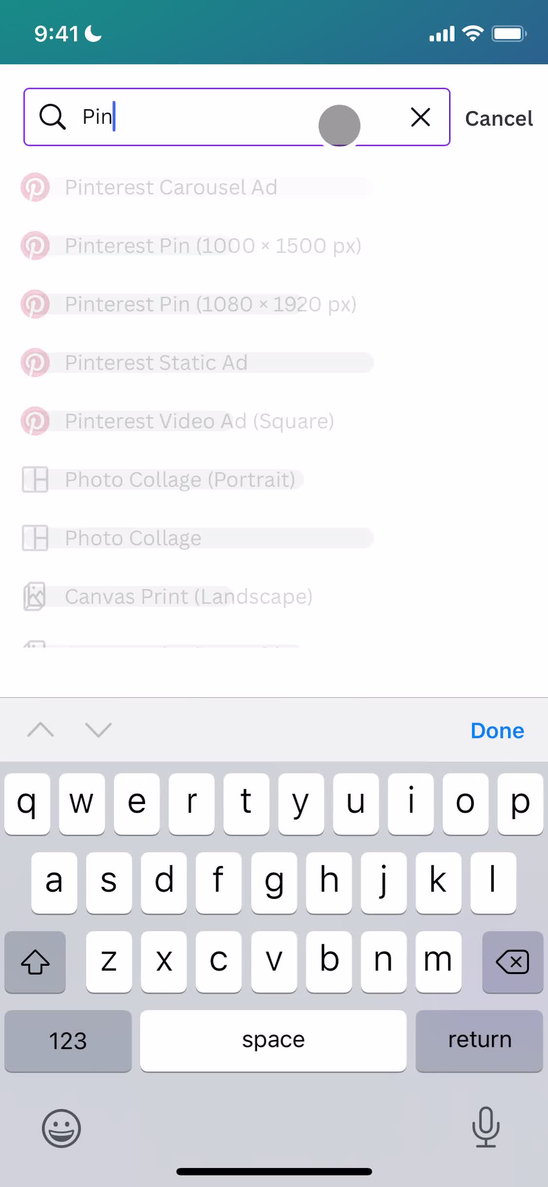 Screenshot of Select size on Creating a design on Canva user flow