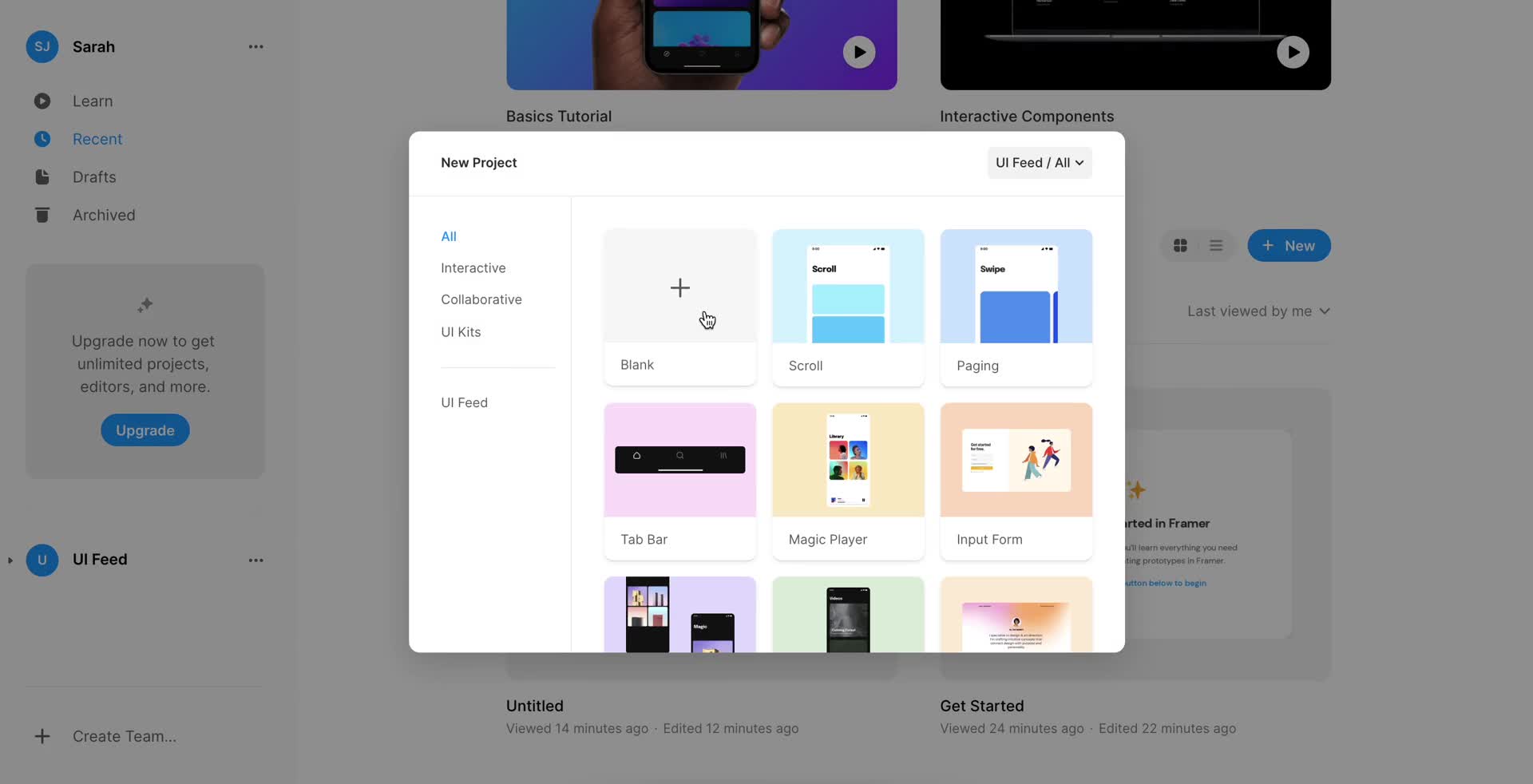 Screenshot of Select template on Creating a design on Framer user flow