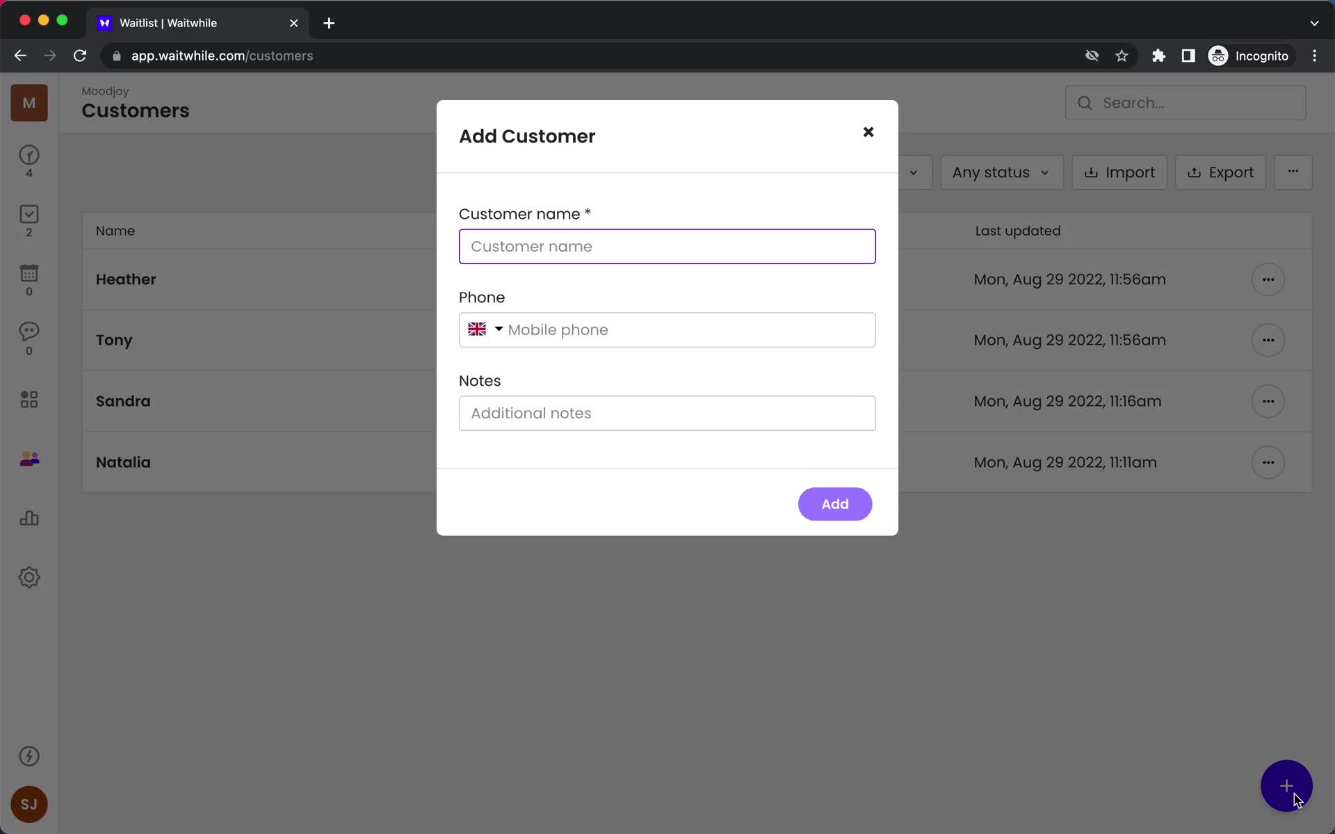 Screenshot of Add customer on CRM on Waitwhile user flow