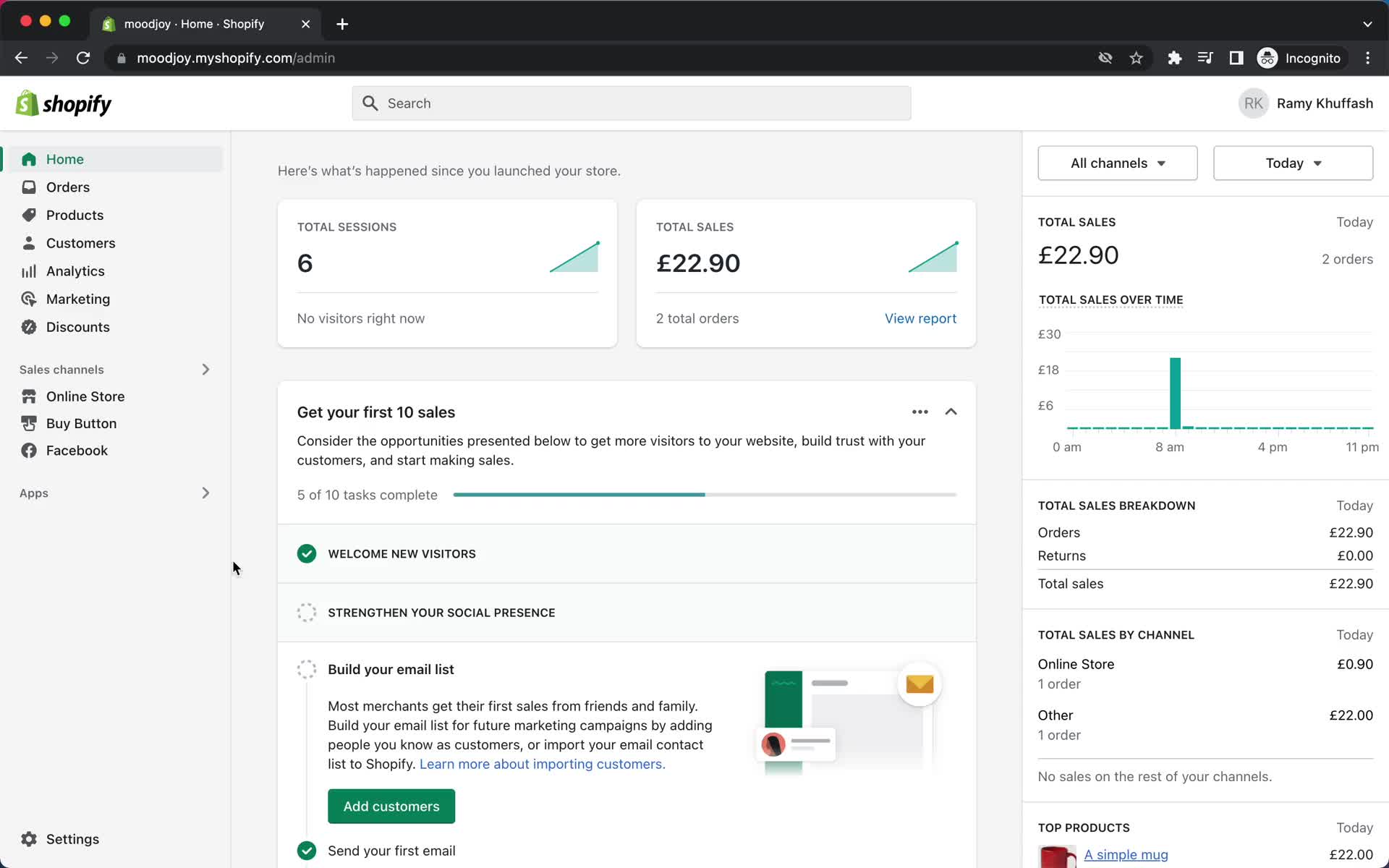 Screenshot of Dashboard on CRM on Shopify user flow