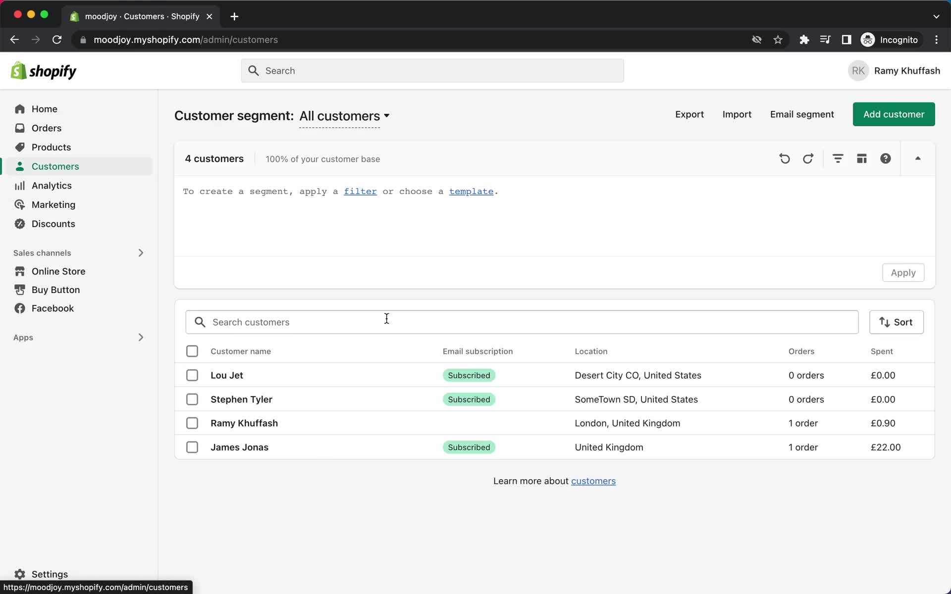 Screenshot of Customers on CRM on Shopify user flow