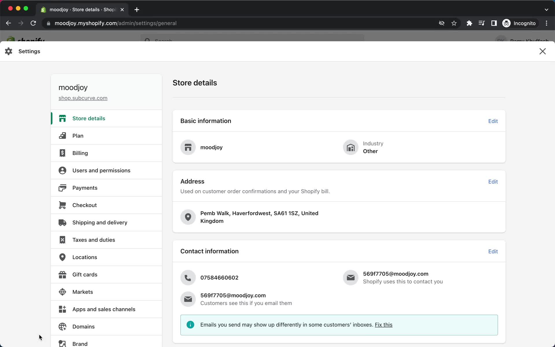 Screenshot of Settings on Customization settings on Shopify user flow