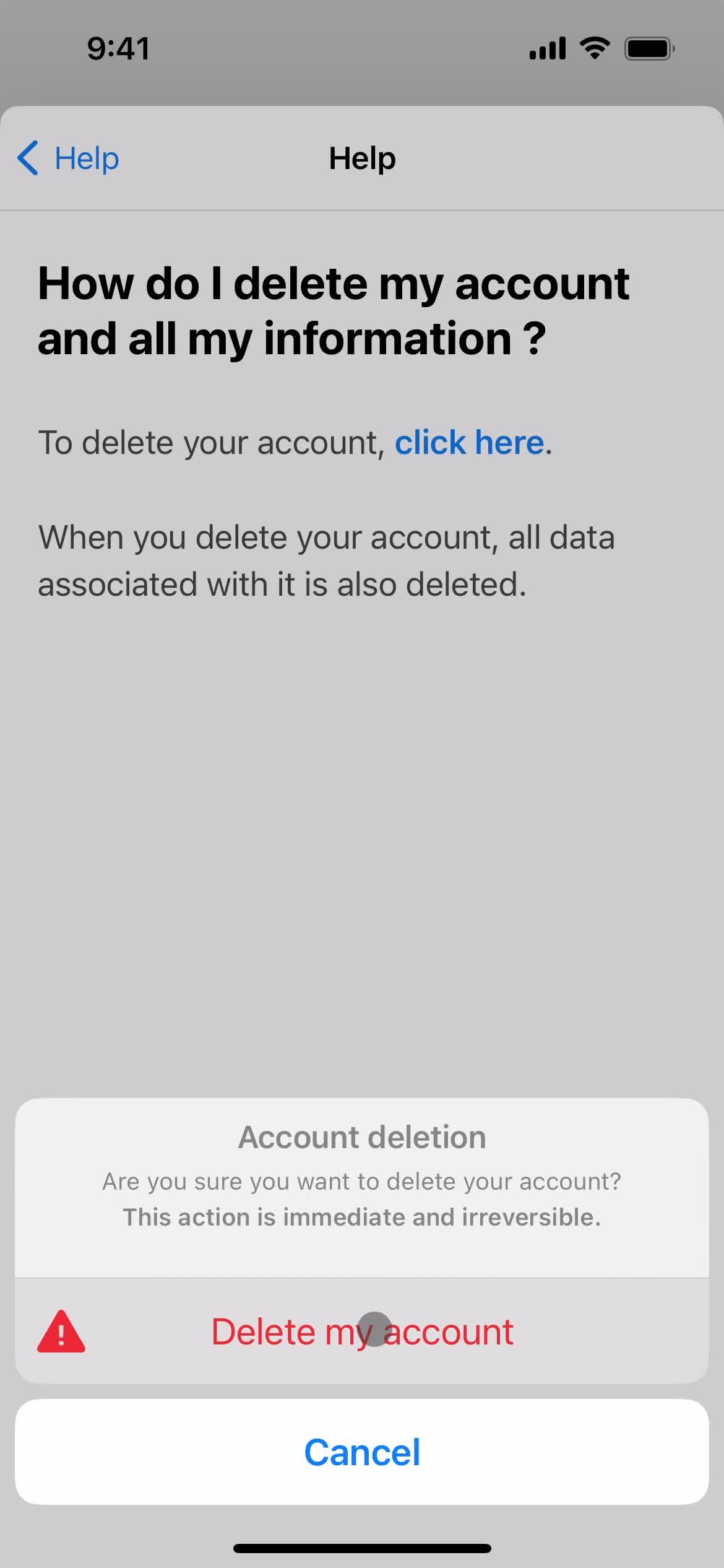 Deleting your account screenshot