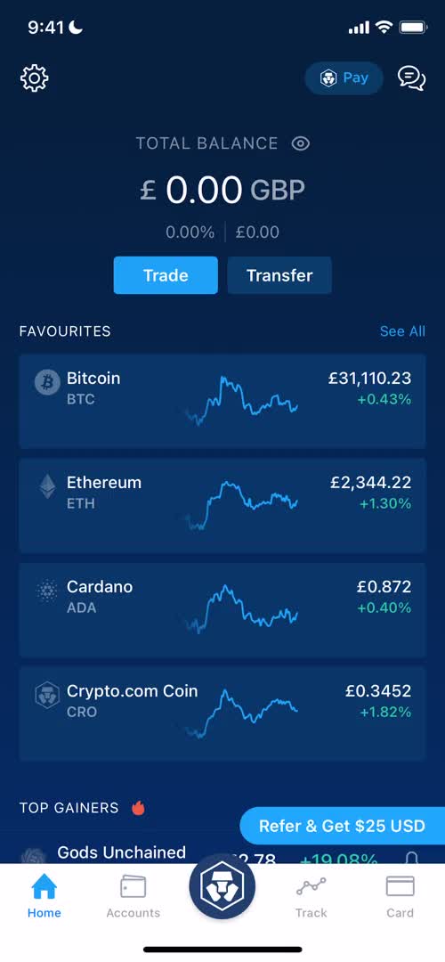 Screenshot of Home on Depositing funds on Crypto.com user flow