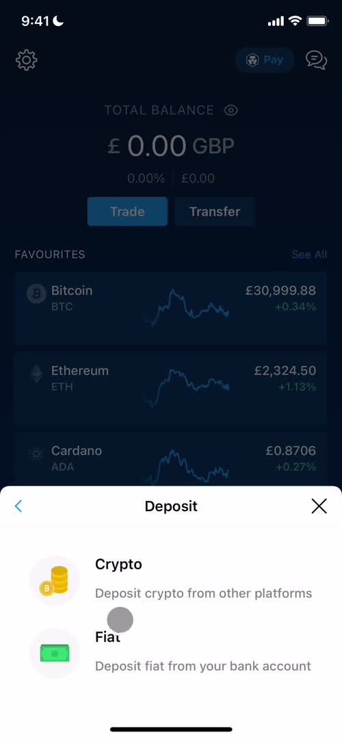 Depositing funds screenshot