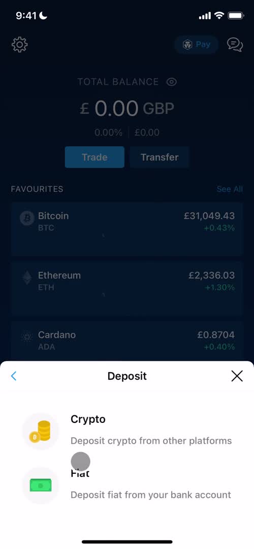 Screenshot of Select type on Depositing funds on Crypto.com user flow