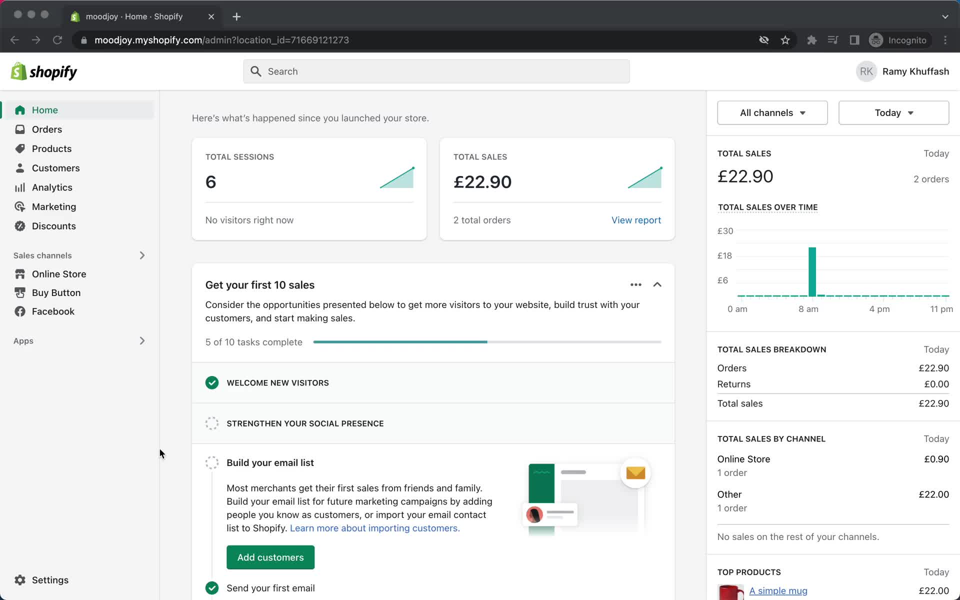 Screenshot of Dashboard on Creating a discount code on Shopify user flow