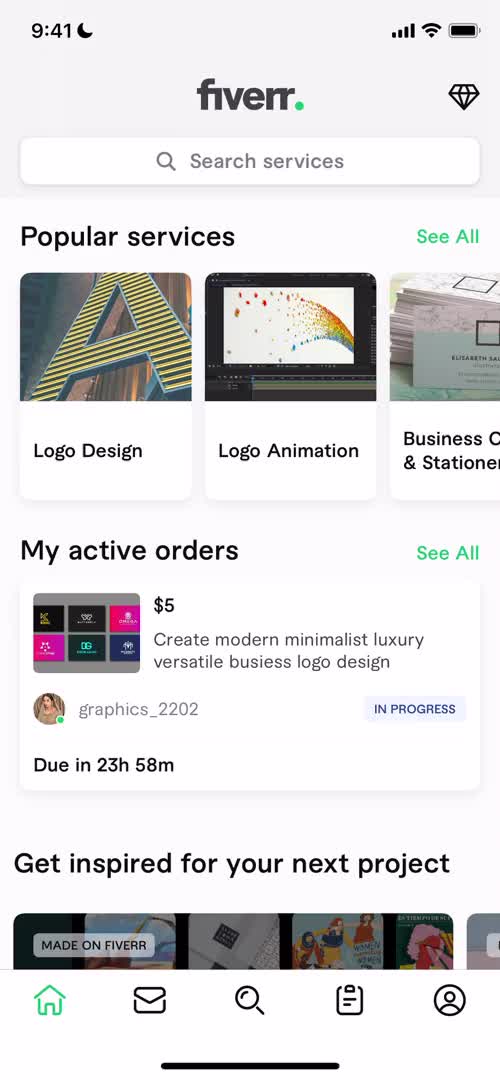 Screenshot of Home on Discovering content on Fiverr user flow