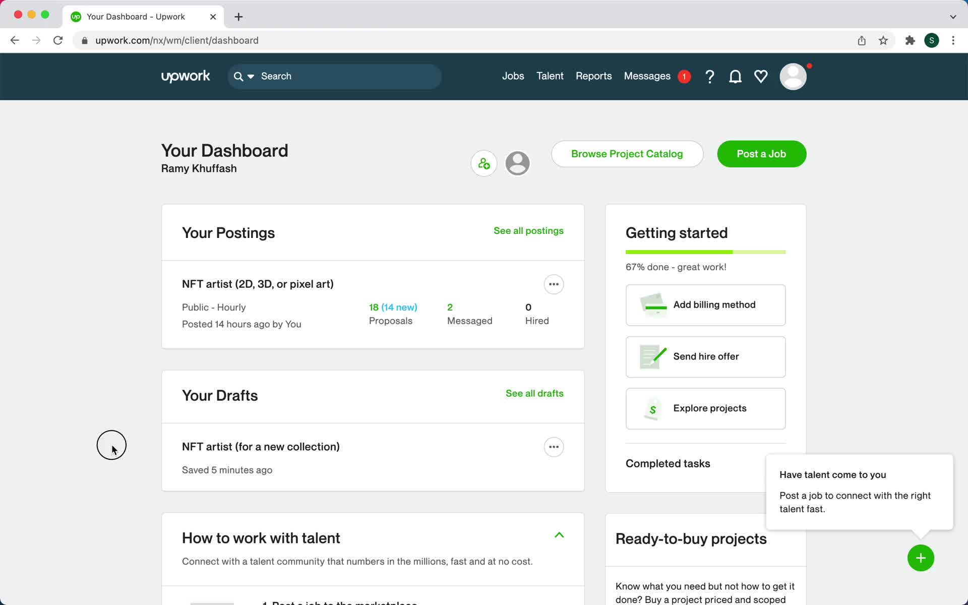 Screenshot of Dashboard on Downgrading your account on Upwork user flow