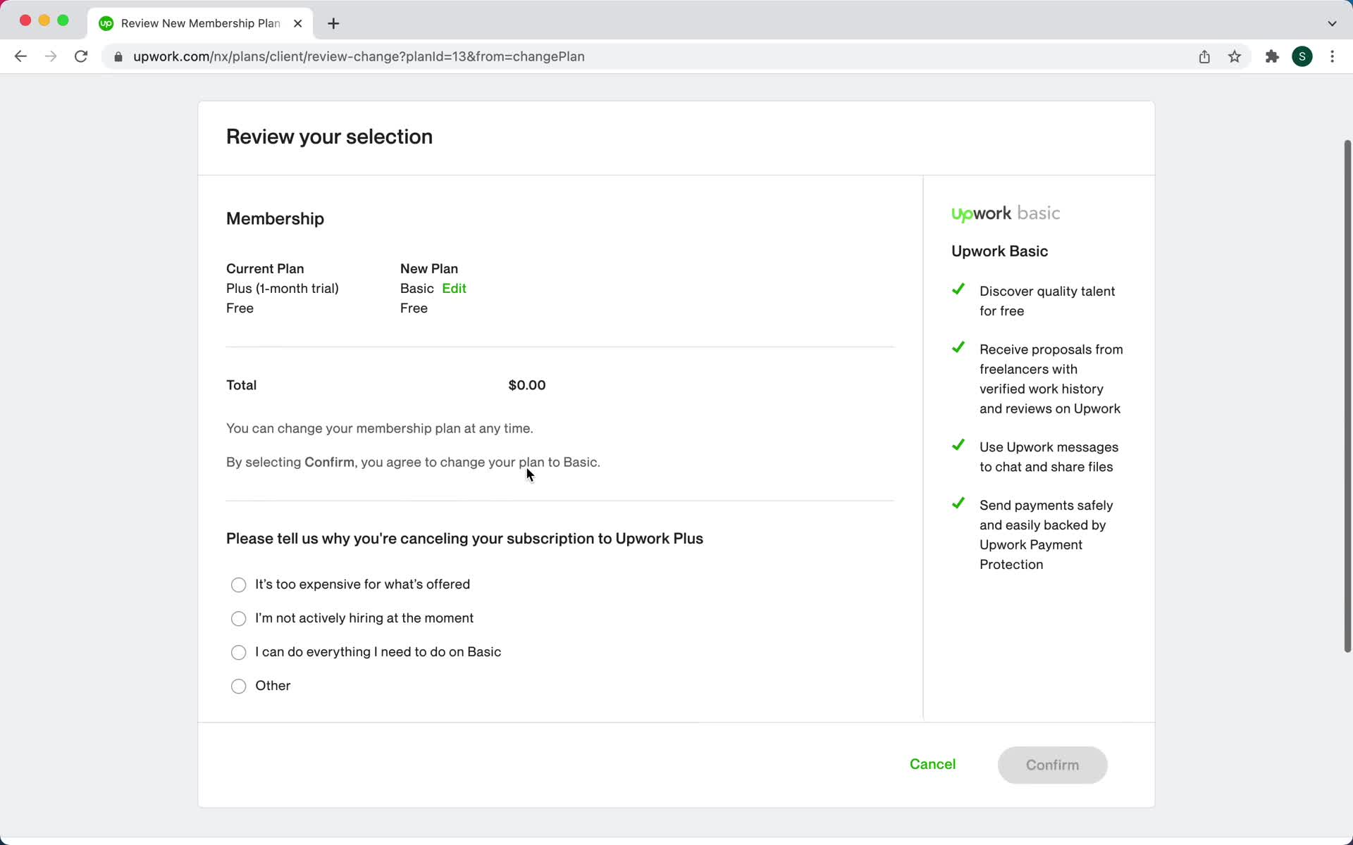 Downgrading your account screenshot