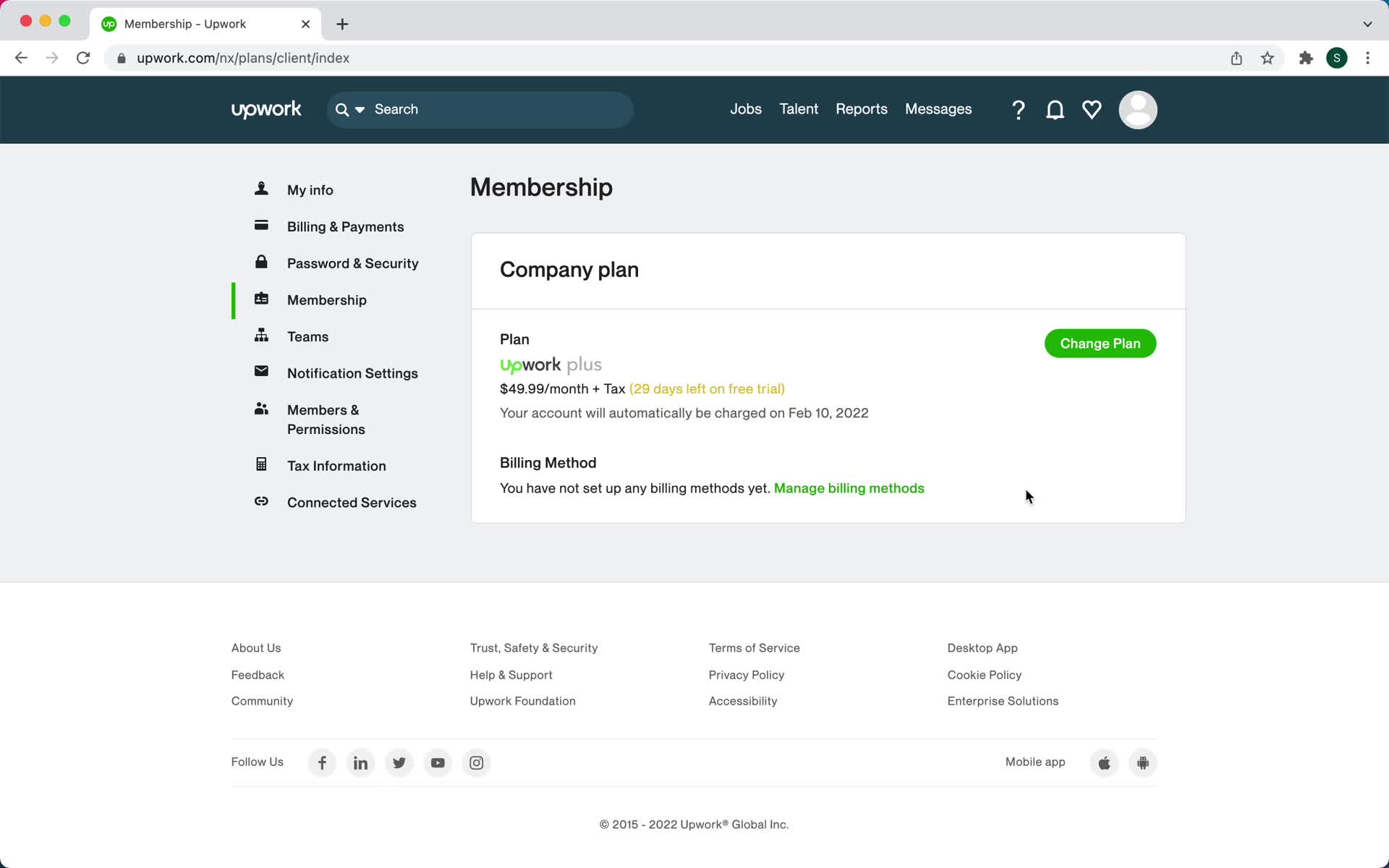 Screenshot of Membership on Downgrading your account on Upwork user flow