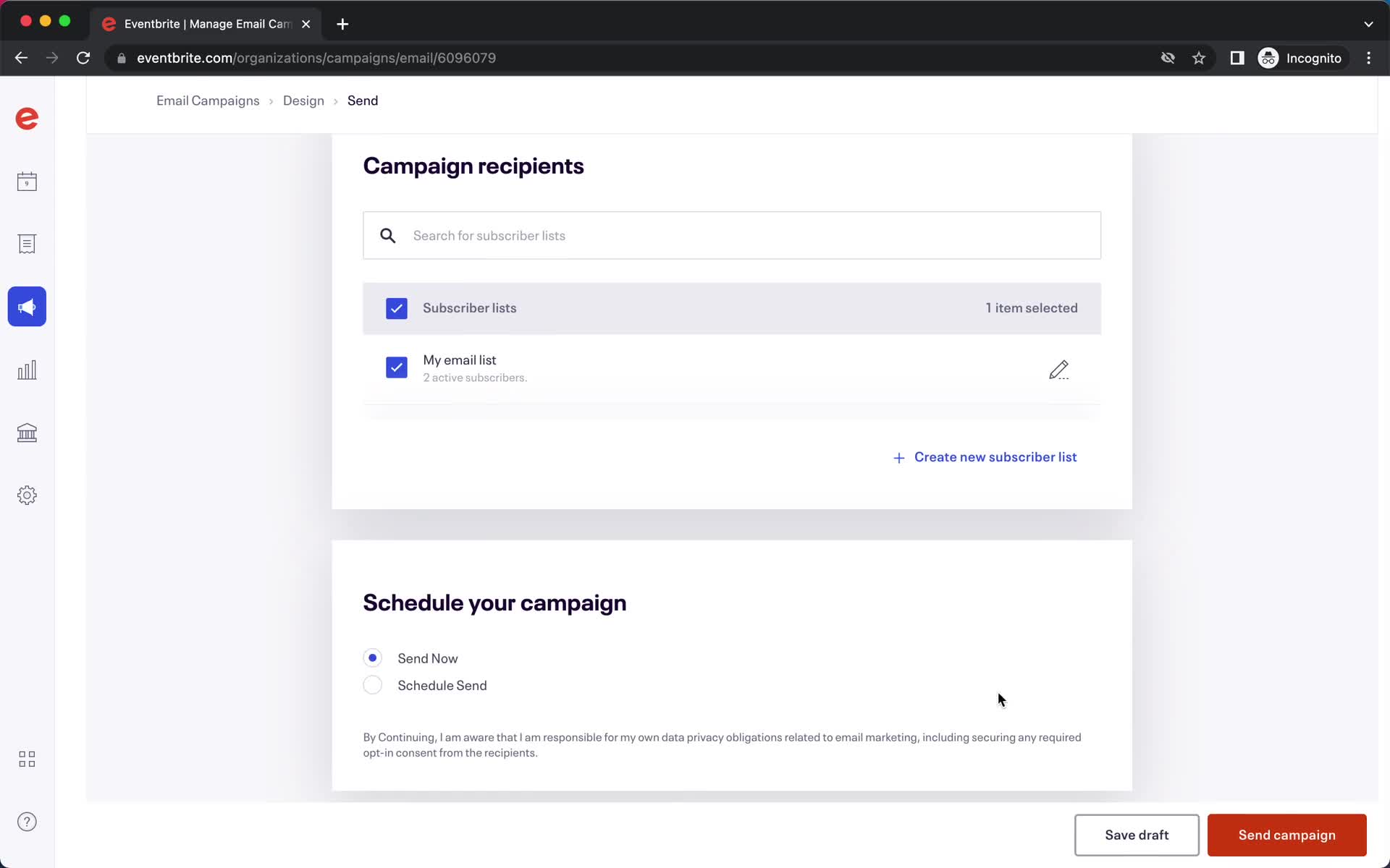 Creating an email campaign screenshot