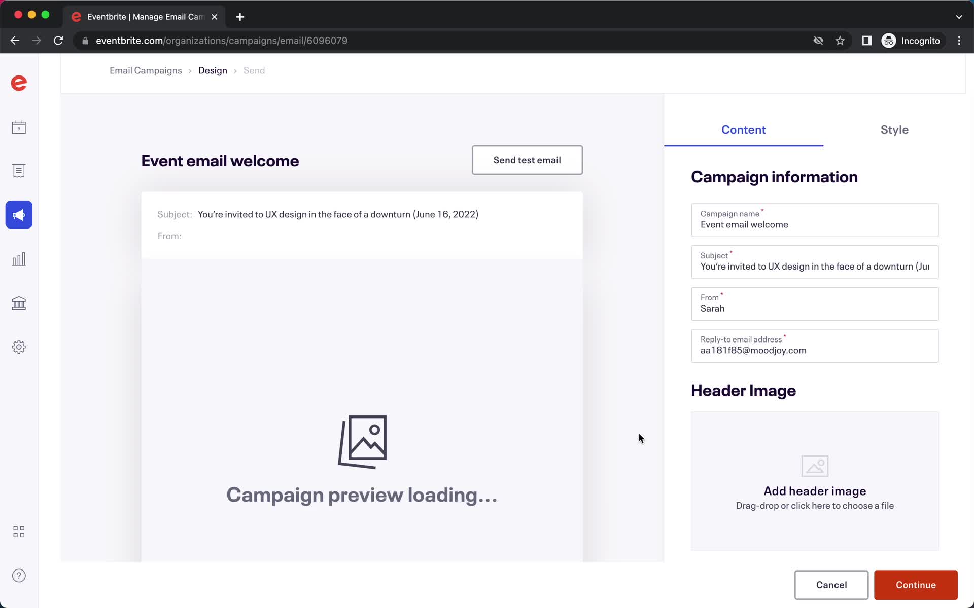 Creating an email campaign screenshot