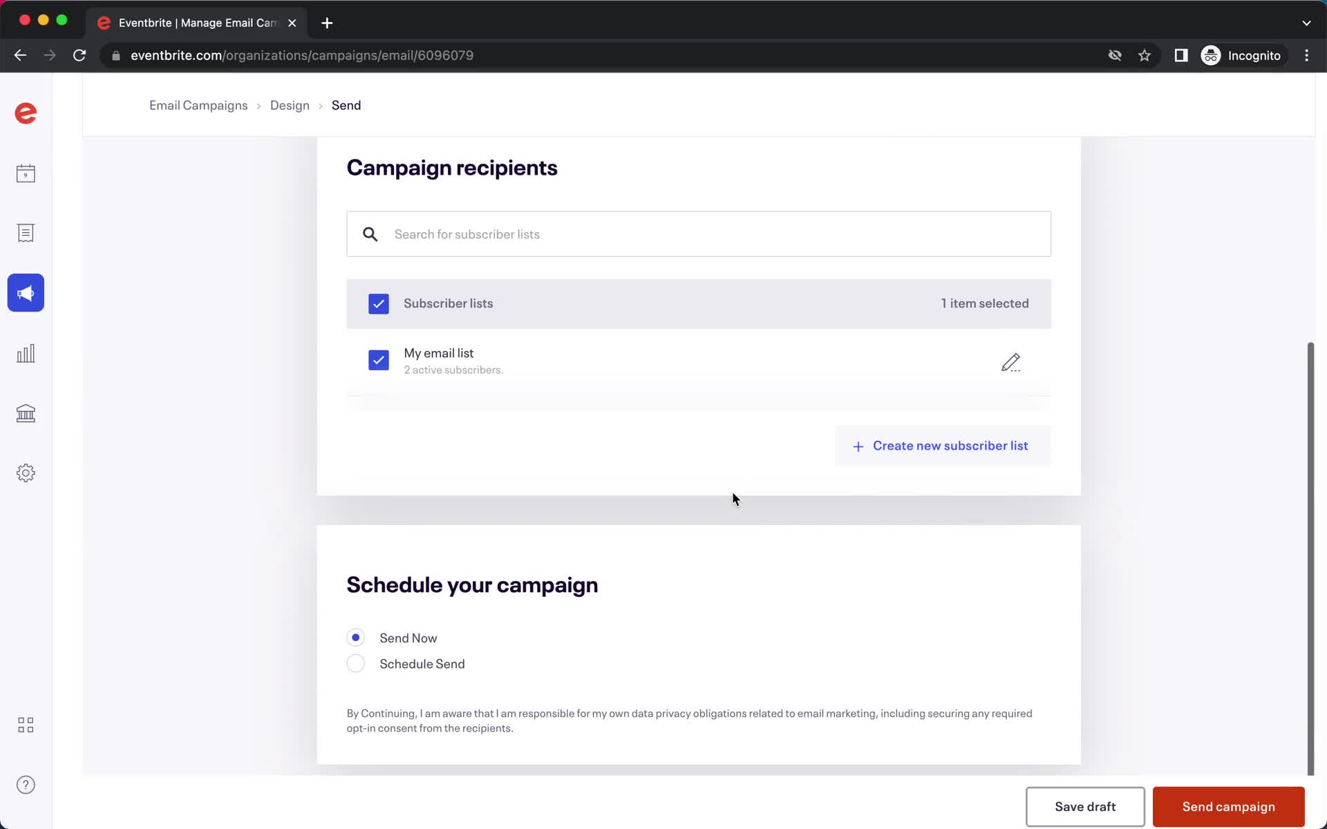 Creating an email campaign screenshot