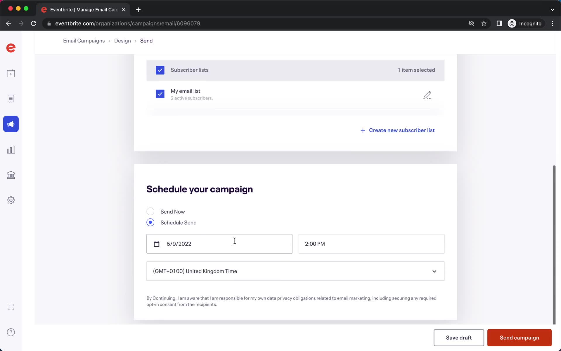 Creating an email campaign screenshot