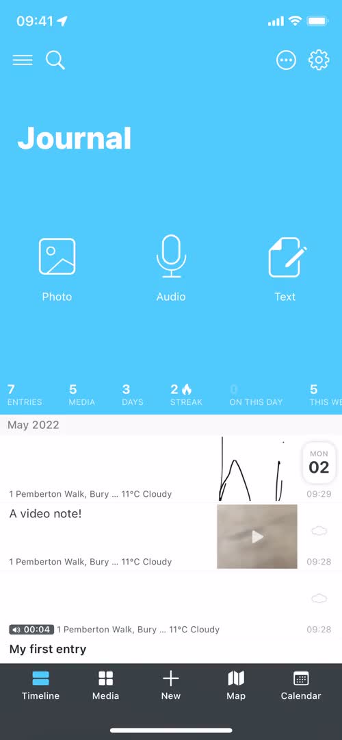 Screenshot of Timeline on Creating a post on Day One user flow