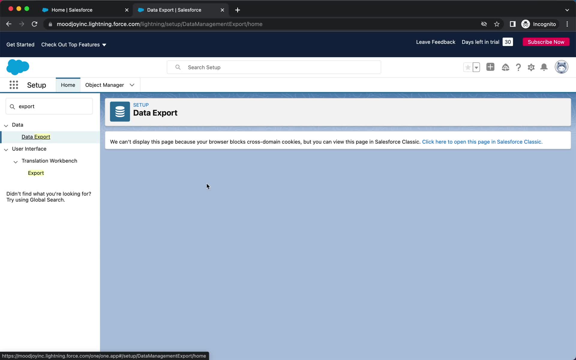 Screenshot of Export on Exporting data on Salesforce user flow
