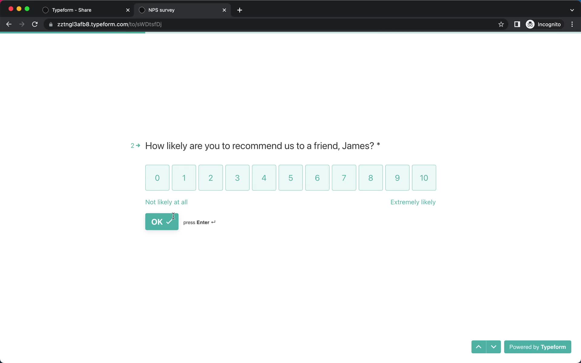 Screenshot of Survey question on Filling in a form on Typeform user flow