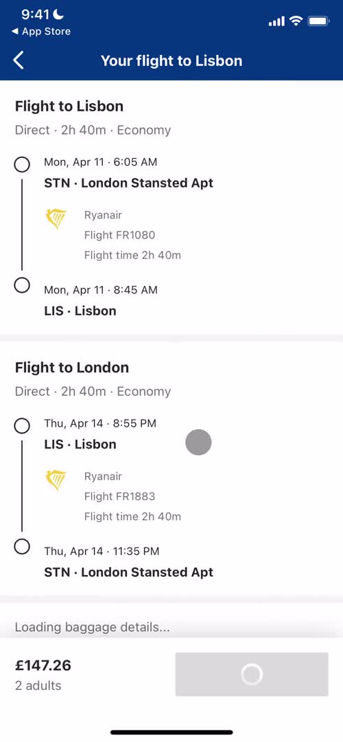 Finding flights screenshot