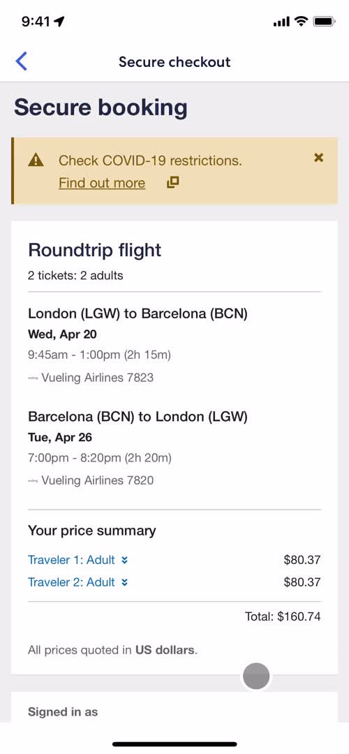 Finding flights screenshot