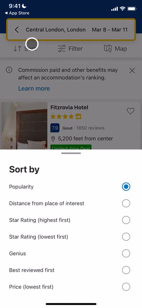 Finding hotels screenshot