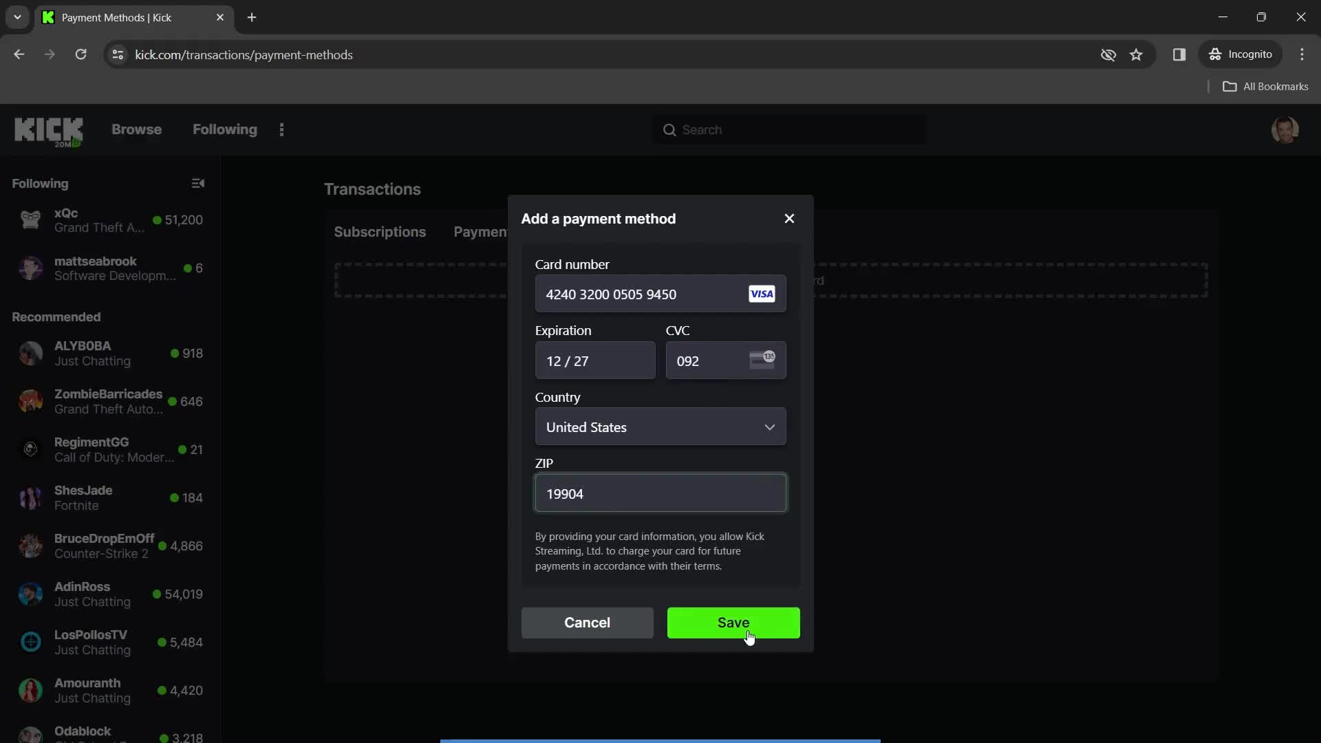 Adding payment details screenshot