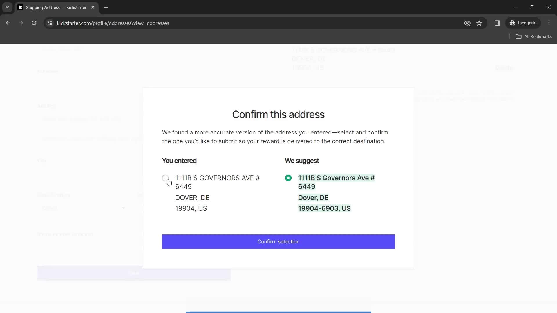 Adding shipping address screenshot