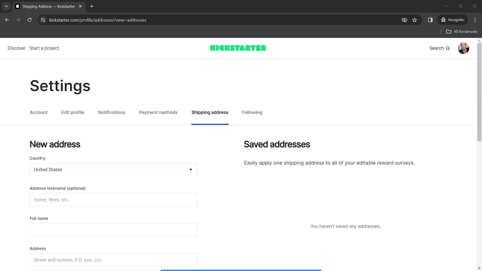 Adding shipping address screenshot