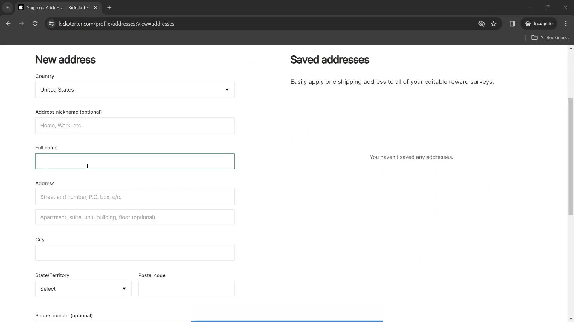 Adding shipping address screenshot