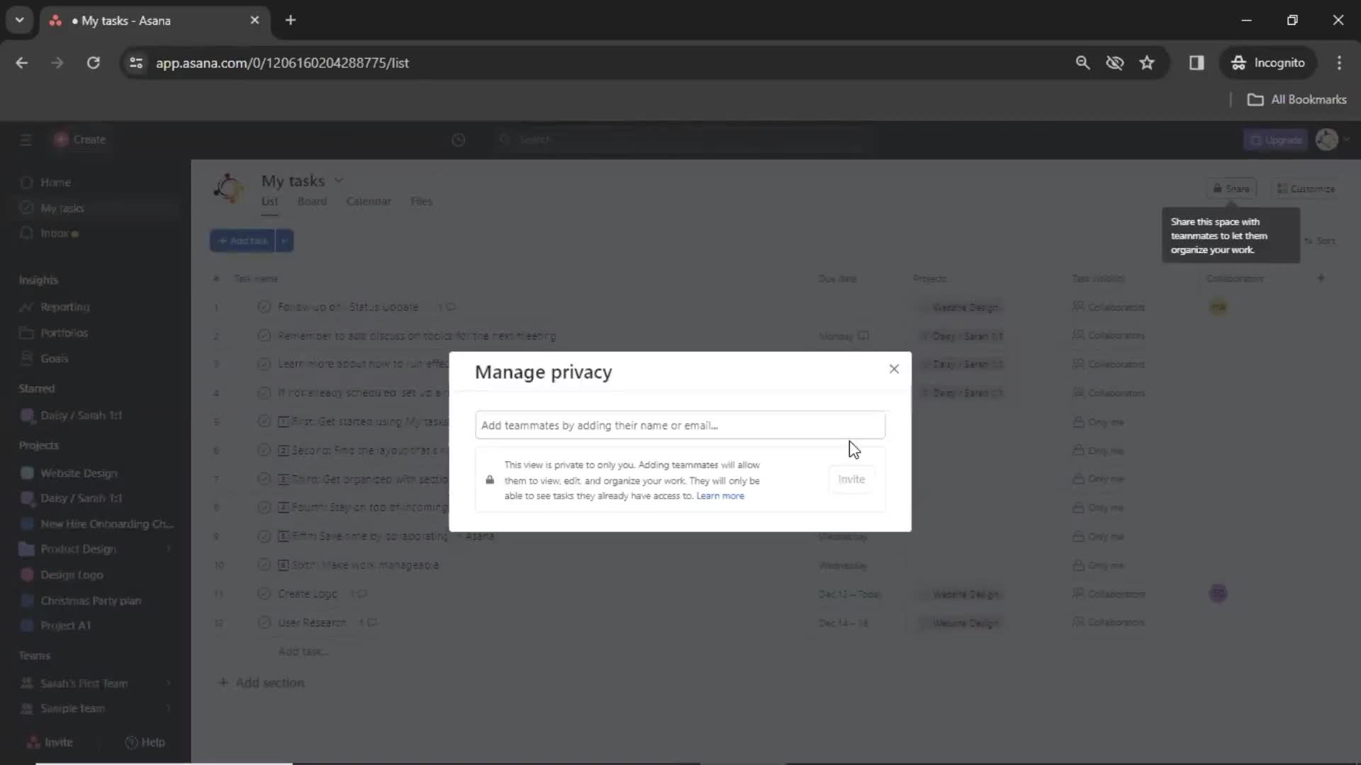 Asana set privacy screenshot