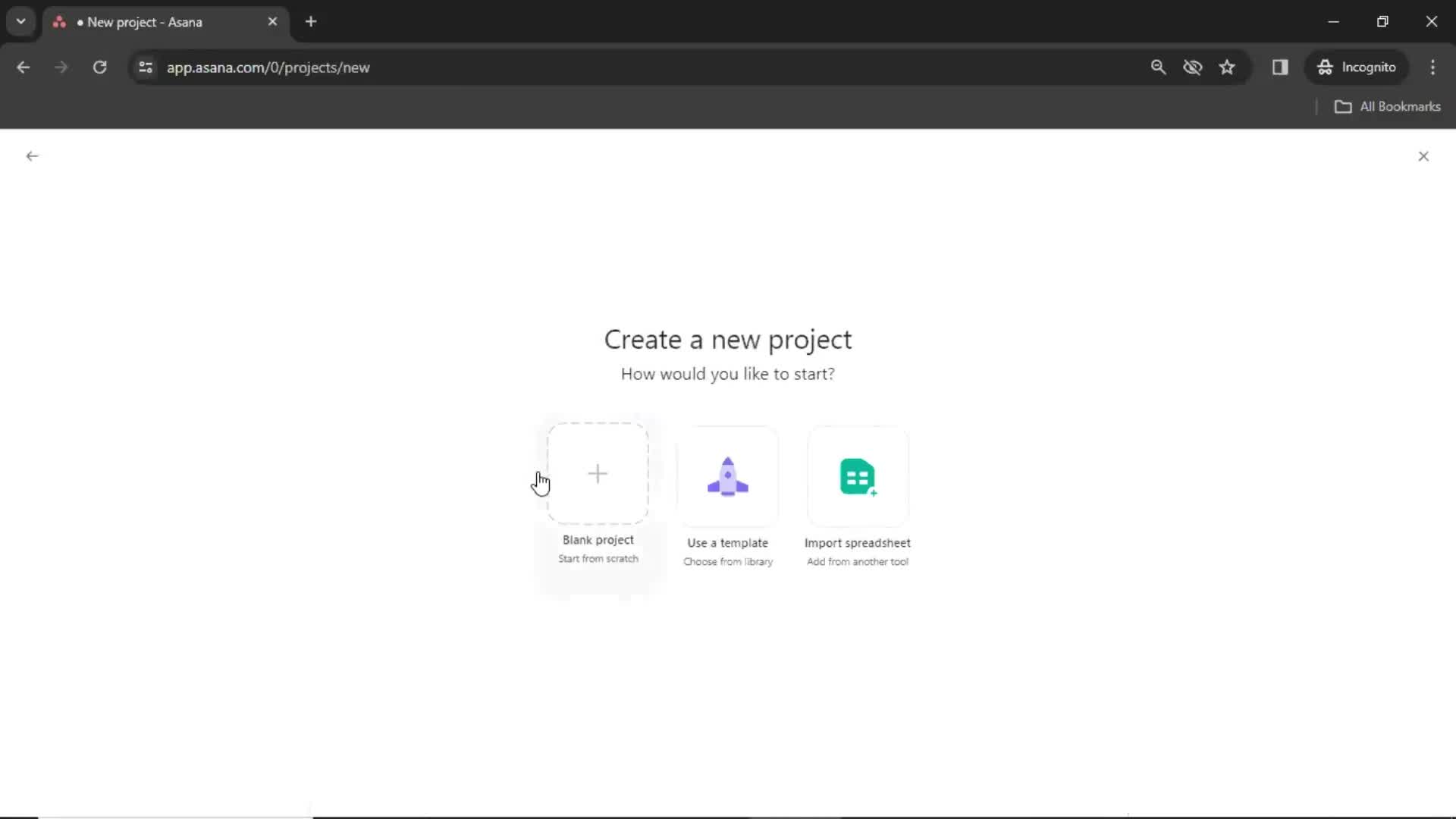 Asana create project screenshot