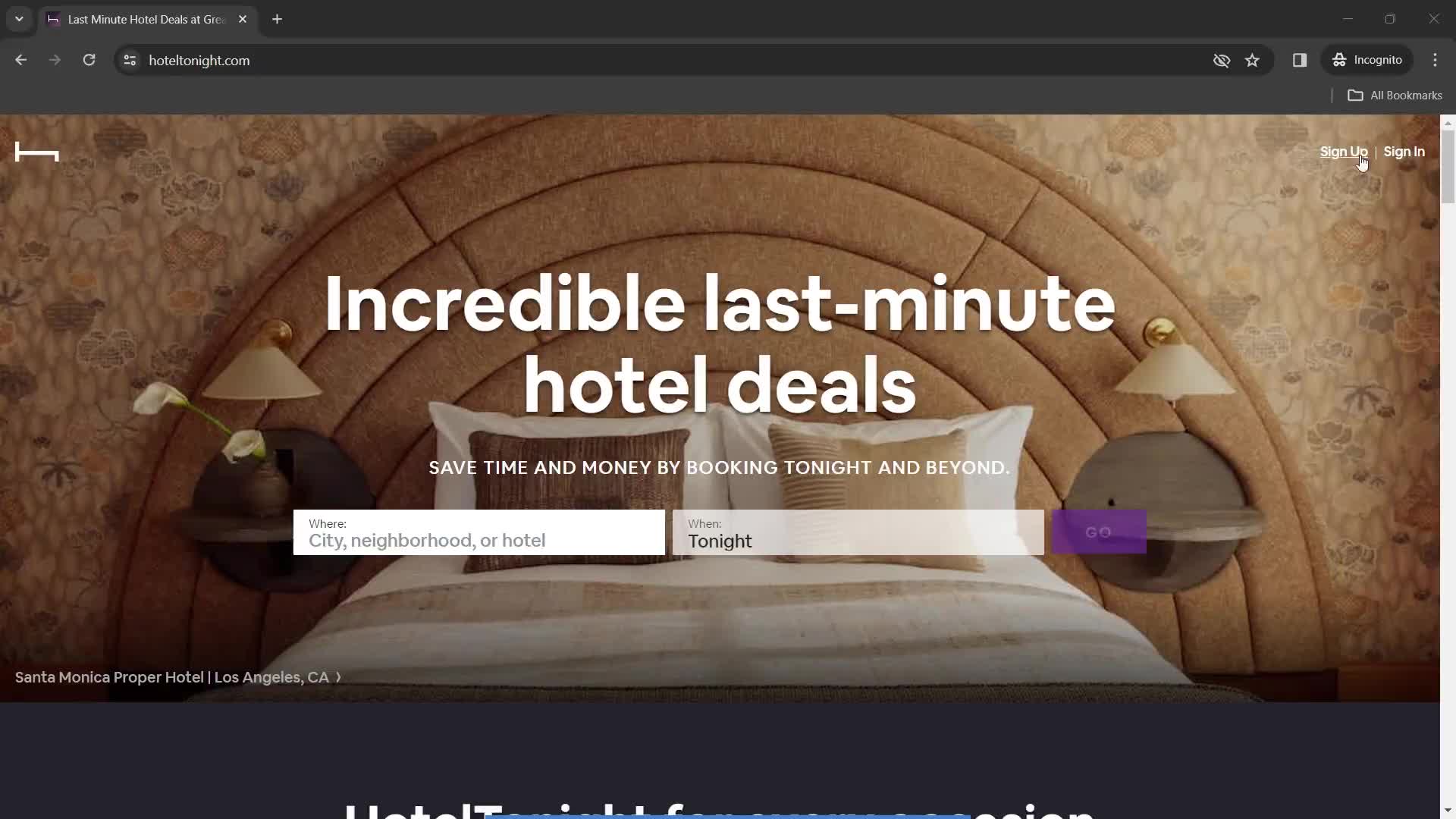 HotelTonight homepage screenshot