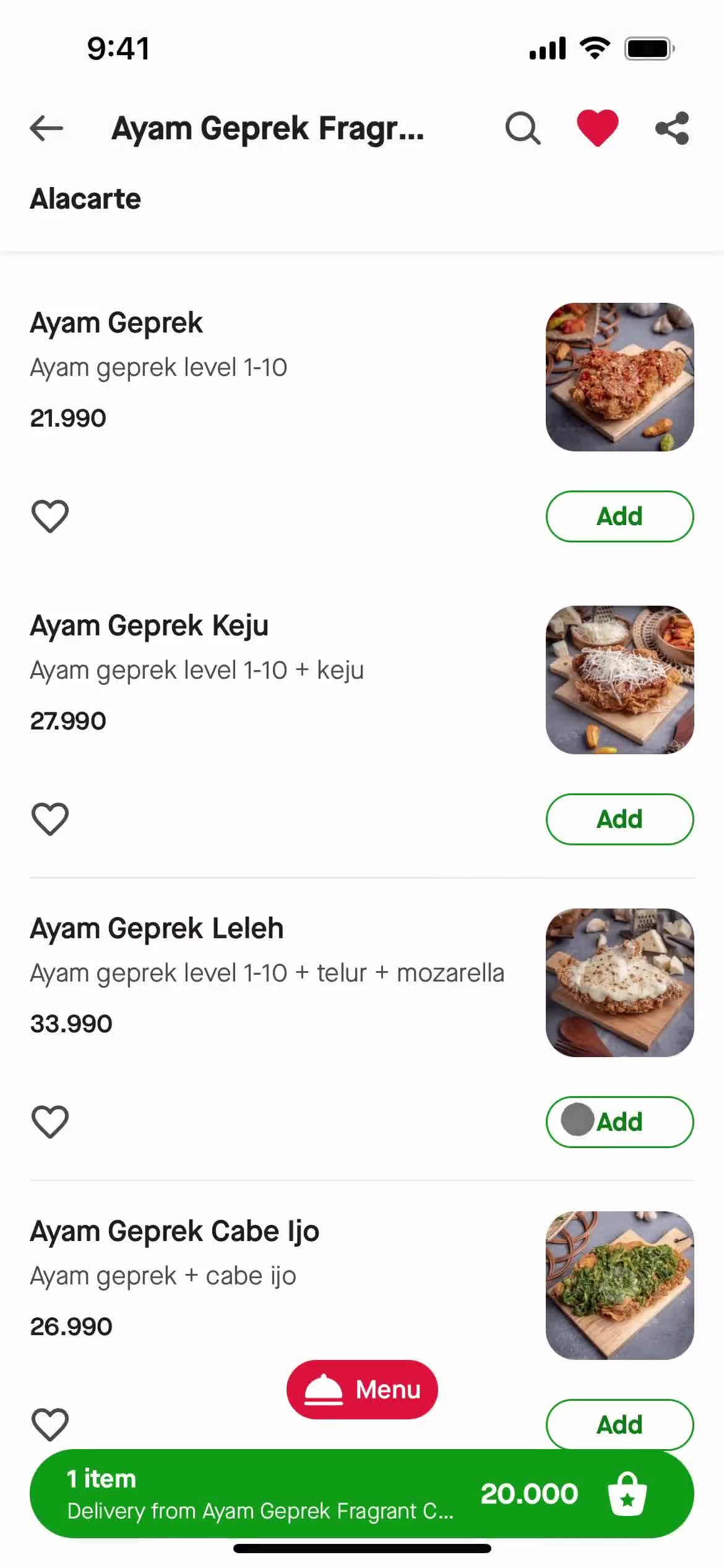 Ordering food screenshot