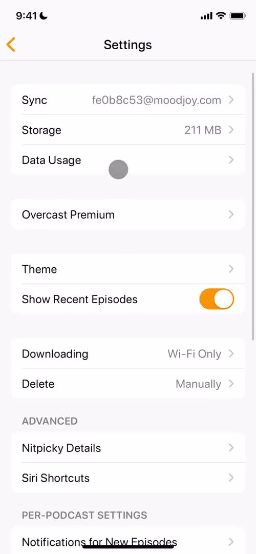 Screenshot of Settings on General browsing on Overcast user flow