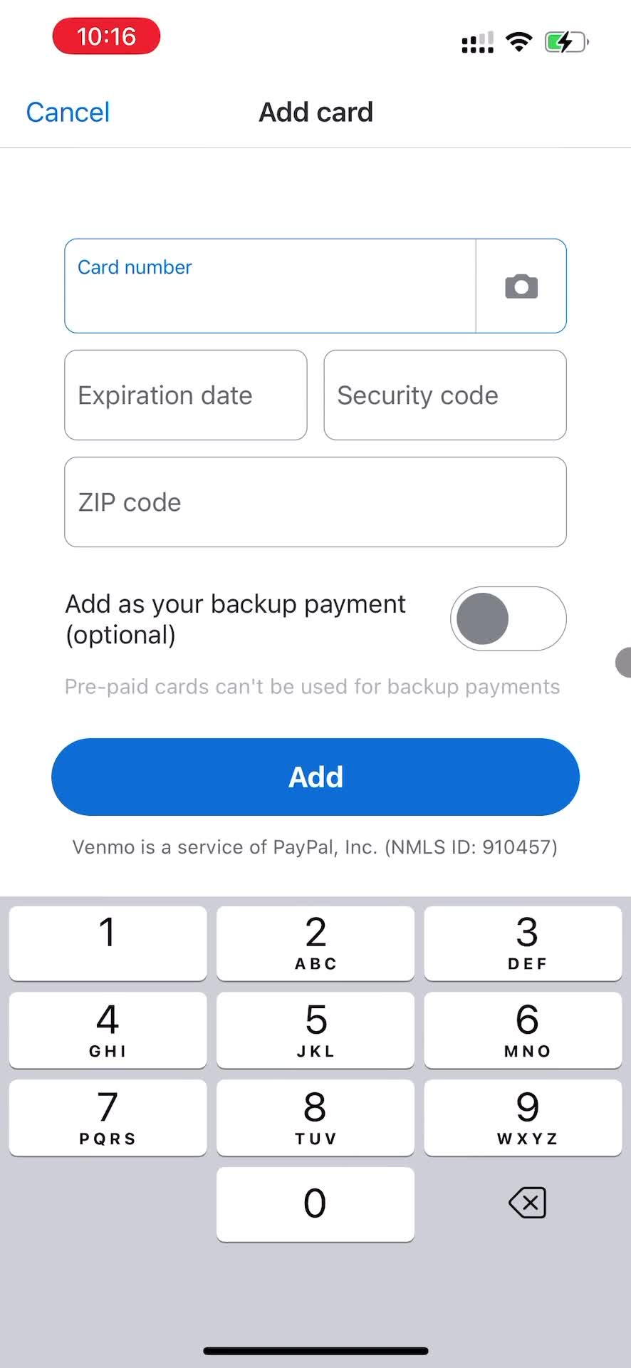 Venmo add payment method screenshot
