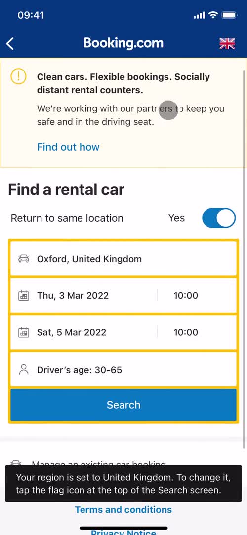 Screenshot of Car rental on General browsing on Booking.com user flow
